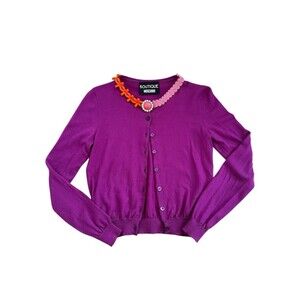 Boutique Moschino Embellished Brooch Wool Cropped Cardigan Size 8 M Purple